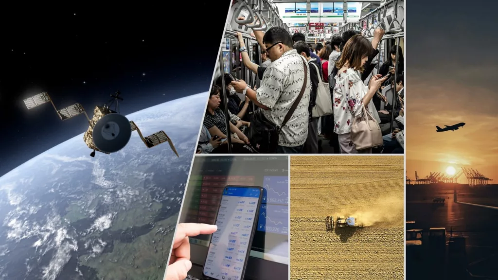 Image split into five different images showing a satellite, people on a subway, a tractor on a wheat field, an airplane taking off, and a hand scrolling on a smartphone.
