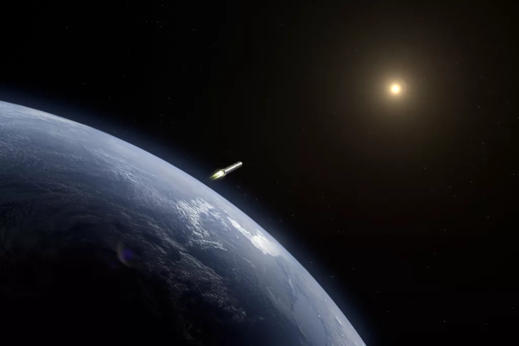 Space view of a rocket leaving the Earth